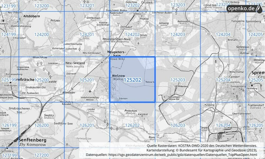 Übersichtskarte des KOSTRA-DWD-2020-Rasterfeldes Nr. 125202