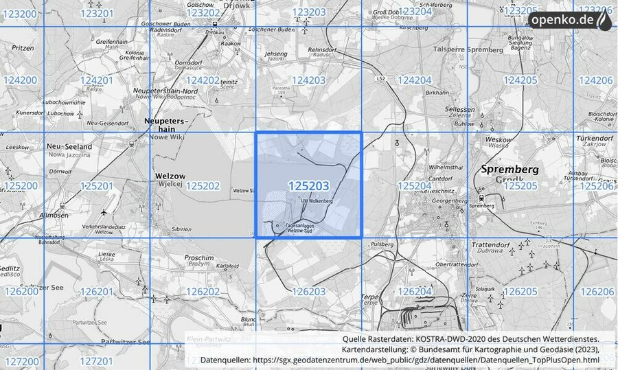 Übersichtskarte des KOSTRA-DWD-2020-Rasterfeldes Nr. 125203