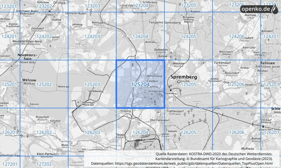 Übersichtskarte des KOSTRA-DWD-2020-Rasterfeldes Nr. 125204