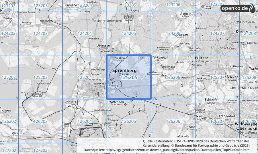 Übersichtskarte des KOSTRA-DWD-2020-Rasterfeldes Nr. 125205