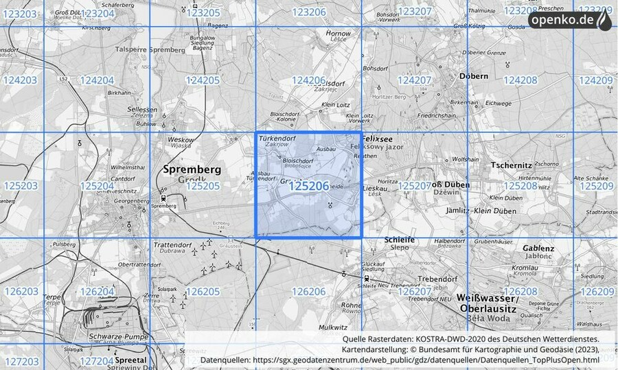 Übersichtskarte des KOSTRA-DWD-2020-Rasterfeldes Nr. 125206