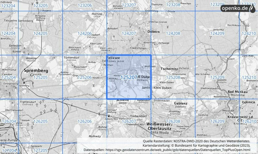 Übersichtskarte des KOSTRA-DWD-2020-Rasterfeldes Nr. 125207