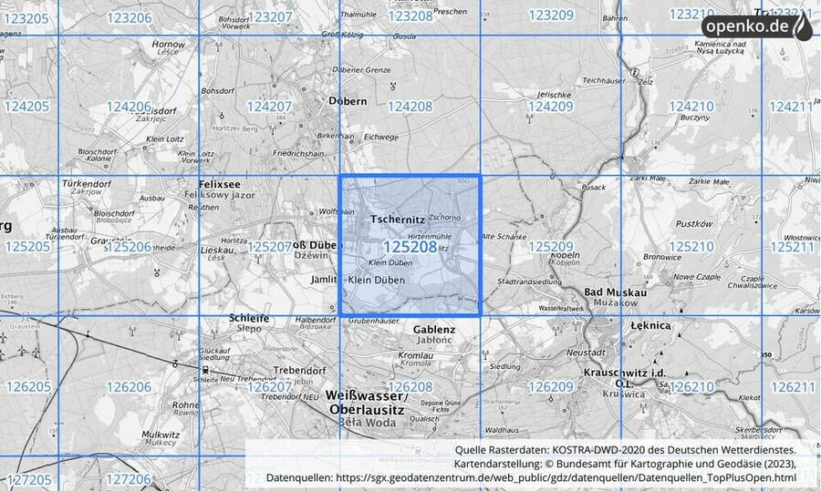 Übersichtskarte des KOSTRA-DWD-2020-Rasterfeldes Nr. 125208