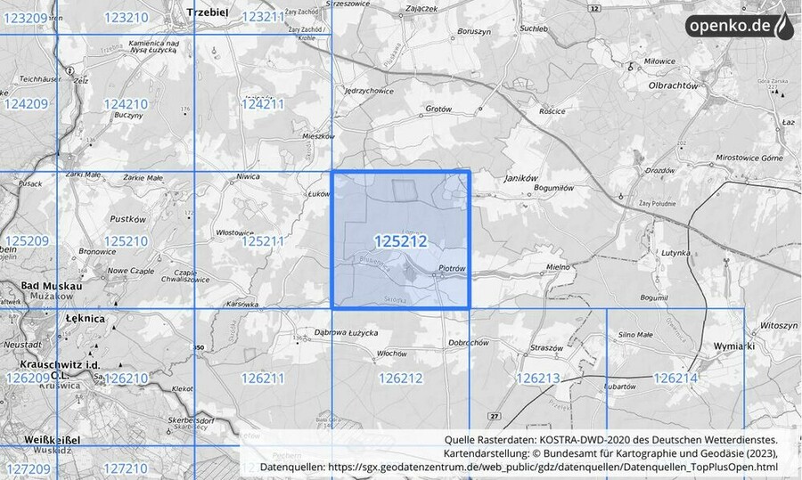 Übersichtskarte des KOSTRA-DWD-2020-Rasterfeldes Nr. 125212