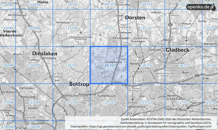 Übersichtskarte des KOSTRA-DWD-2020-Rasterfeldes Nr. 126101