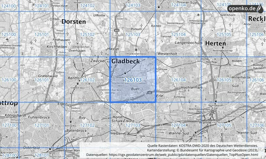 Übersichtskarte des KOSTRA-DWD-2020-Rasterfeldes Nr. 126103