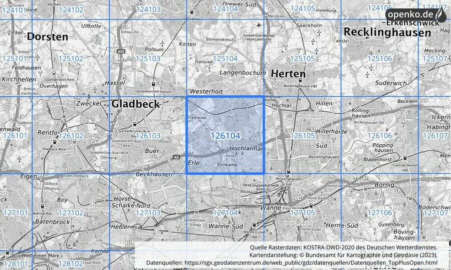 Übersichtskarte des KOSTRA-DWD-2020-Rasterfeldes Nr. 126104