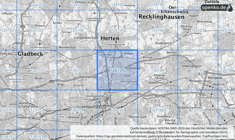 Übersichtskarte des KOSTRA-DWD-2020-Rasterfeldes Nr. 126105