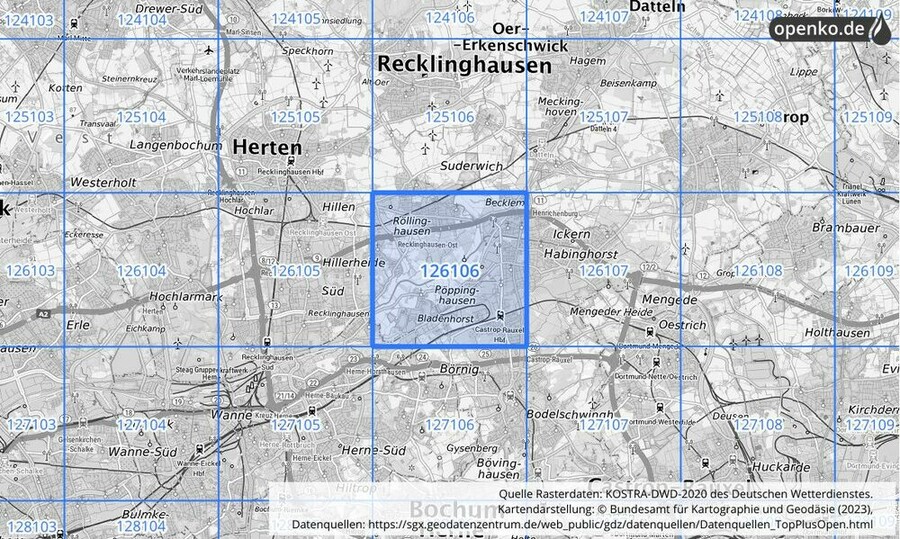 Übersichtskarte des KOSTRA-DWD-2020-Rasterfeldes Nr. 126106