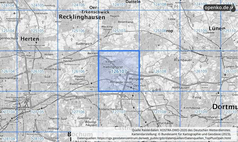 Übersichtskarte des KOSTRA-DWD-2020-Rasterfeldes Nr. 126107