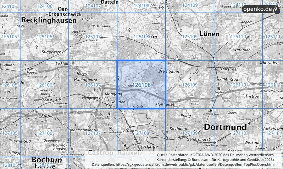 Übersichtskarte des KOSTRA-DWD-2020-Rasterfeldes Nr. 126108