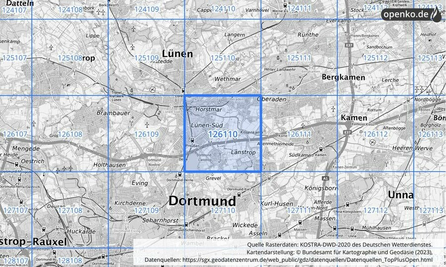 Übersichtskarte des KOSTRA-DWD-2020-Rasterfeldes Nr. 126110