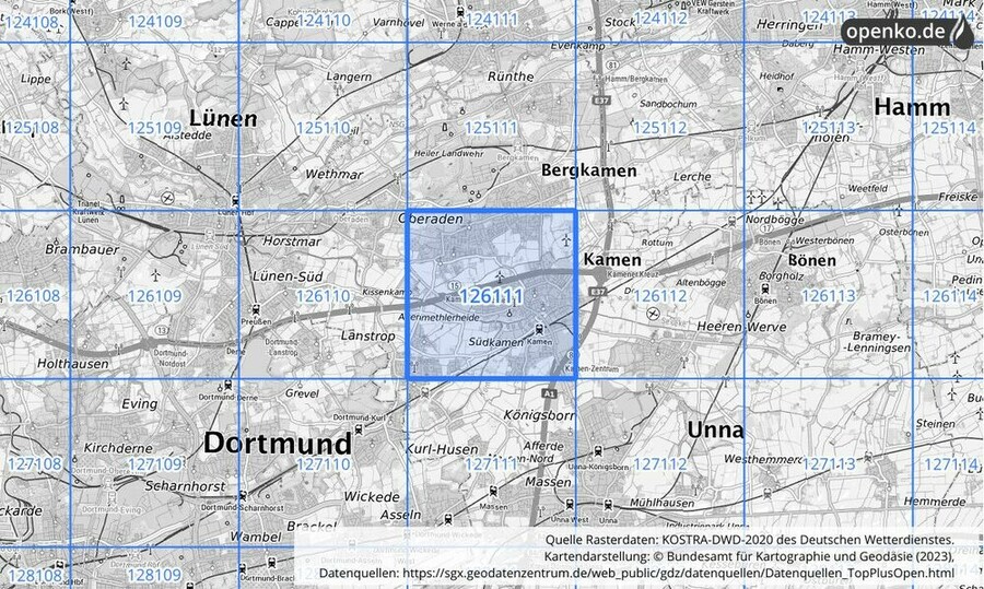 Übersichtskarte des KOSTRA-DWD-2020-Rasterfeldes Nr. 126111