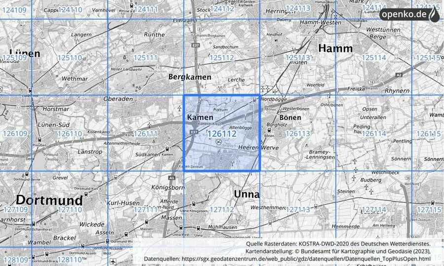 Übersichtskarte des KOSTRA-DWD-2020-Rasterfeldes Nr. 126112