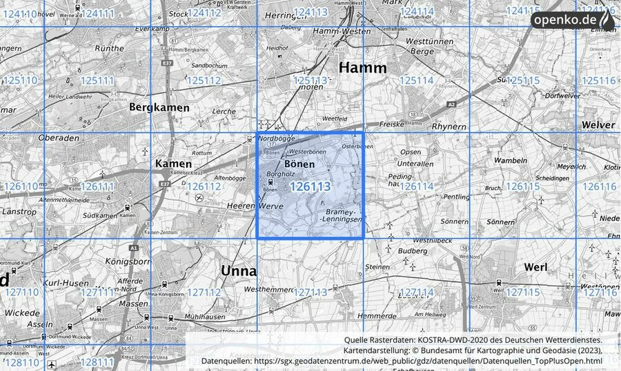 Übersichtskarte des KOSTRA-DWD-2020-Rasterfeldes Nr. 126113