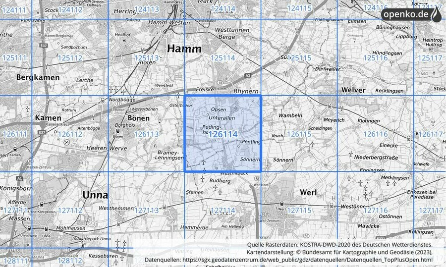 Übersichtskarte des KOSTRA-DWD-2020-Rasterfeldes Nr. 126114