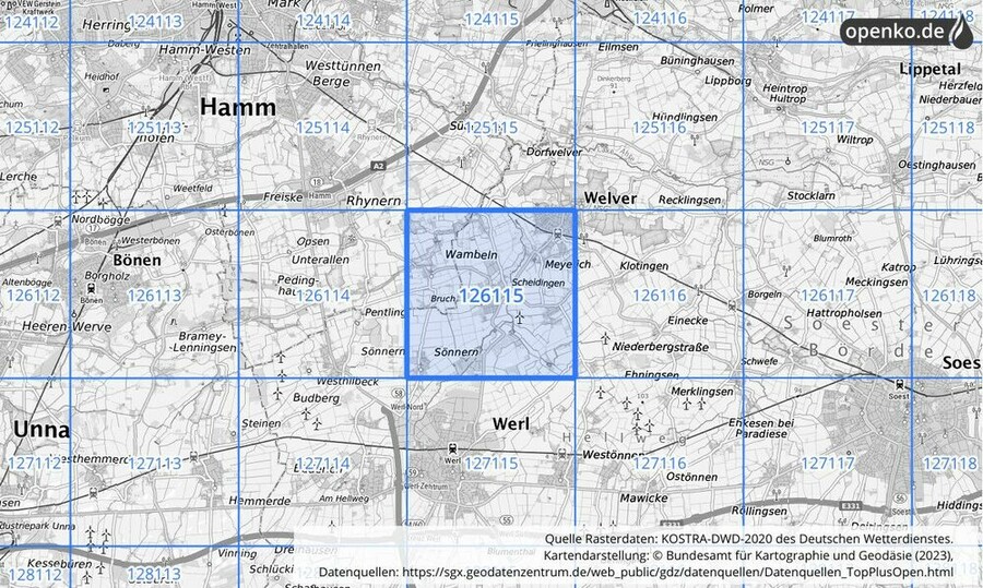 Übersichtskarte des KOSTRA-DWD-2020-Rasterfeldes Nr. 126115