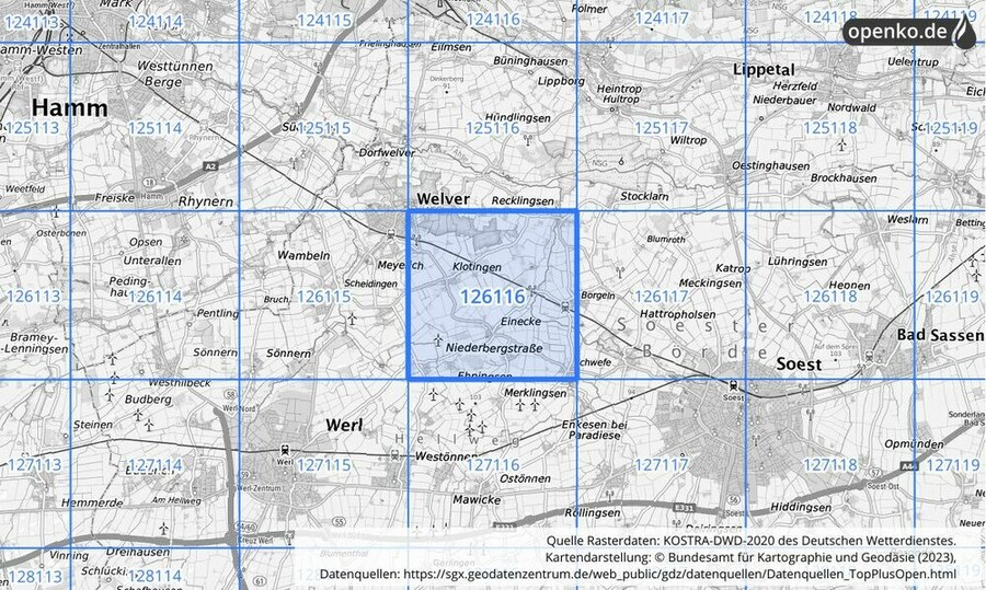 Übersichtskarte des KOSTRA-DWD-2020-Rasterfeldes Nr. 126116