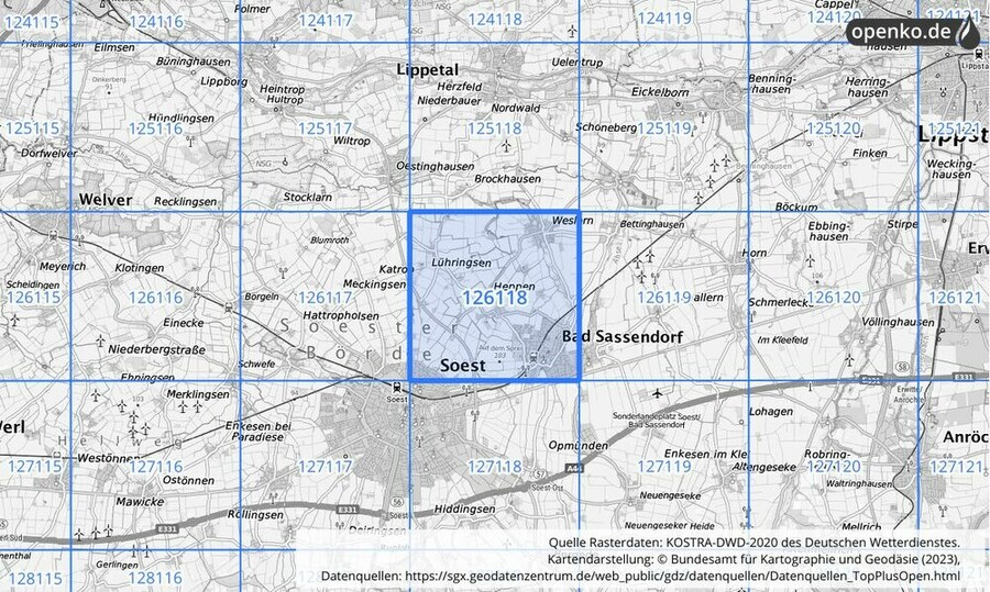 Übersichtskarte des KOSTRA-DWD-2020-Rasterfeldes Nr. 126118