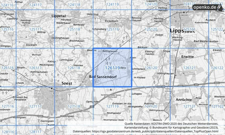 Übersichtskarte des KOSTRA-DWD-2020-Rasterfeldes Nr. 126119