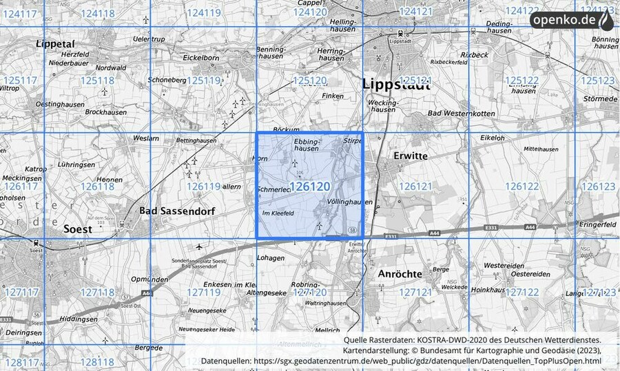 Übersichtskarte des KOSTRA-DWD-2020-Rasterfeldes Nr. 126120