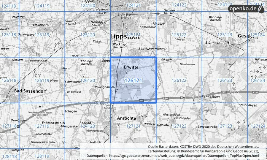 Übersichtskarte des KOSTRA-DWD-2020-Rasterfeldes Nr. 126121