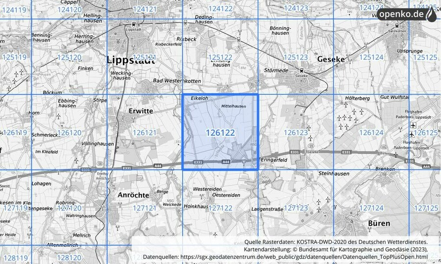 Übersichtskarte des KOSTRA-DWD-2020-Rasterfeldes Nr. 126122