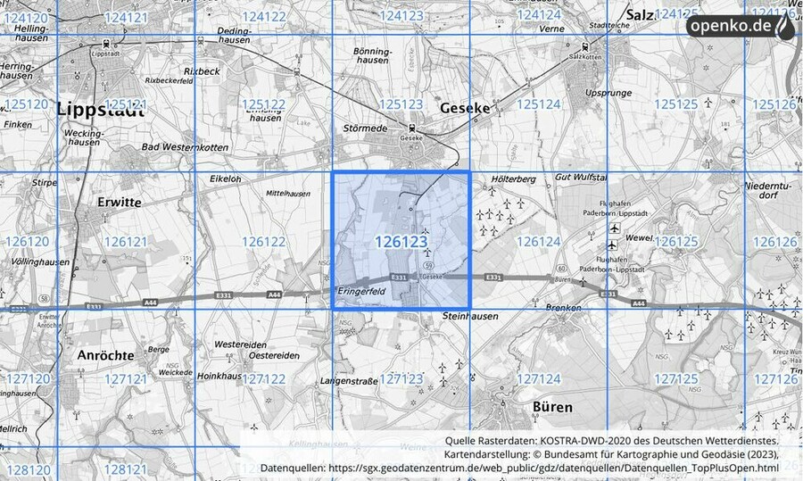 Übersichtskarte des KOSTRA-DWD-2020-Rasterfeldes Nr. 126123