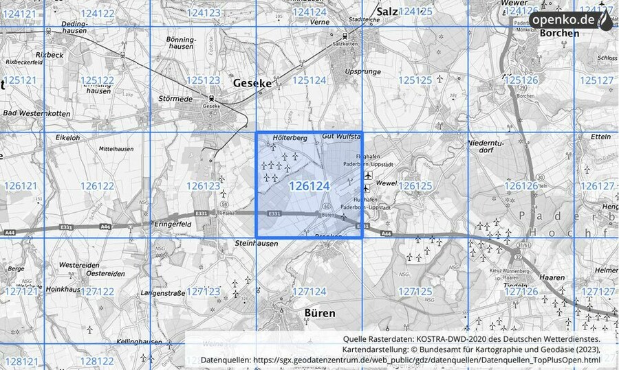 Übersichtskarte des KOSTRA-DWD-2020-Rasterfeldes Nr. 126124