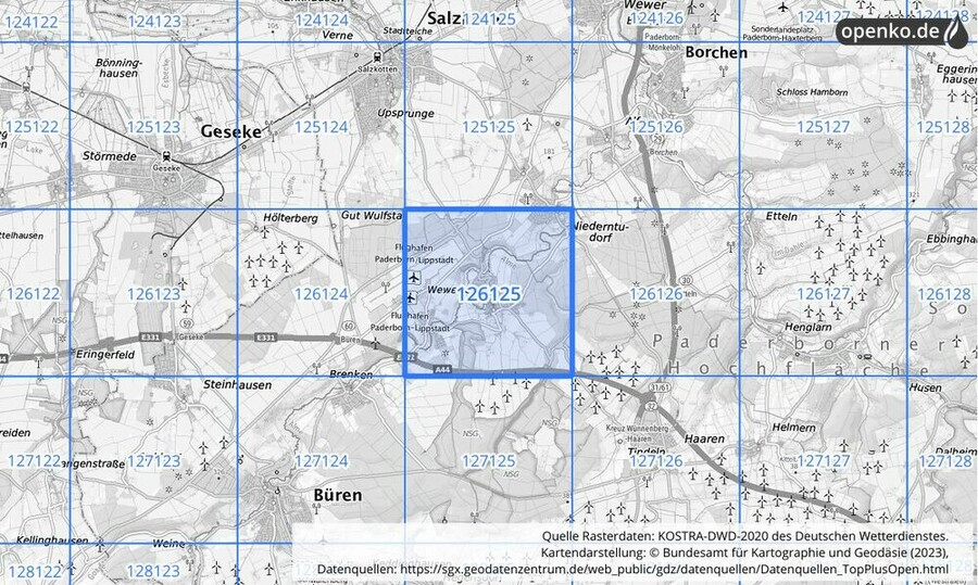 Übersichtskarte des KOSTRA-DWD-2020-Rasterfeldes Nr. 126125