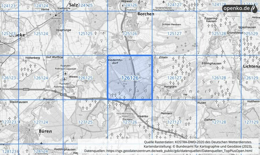 Übersichtskarte des KOSTRA-DWD-2020-Rasterfeldes Nr. 126126