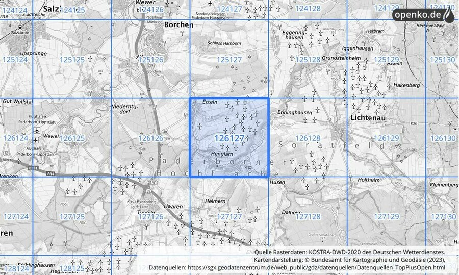 Übersichtskarte des KOSTRA-DWD-2020-Rasterfeldes Nr. 126127