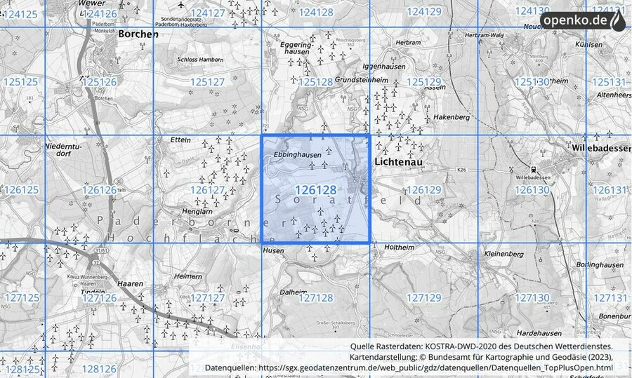 Übersichtskarte des KOSTRA-DWD-2020-Rasterfeldes Nr. 126128