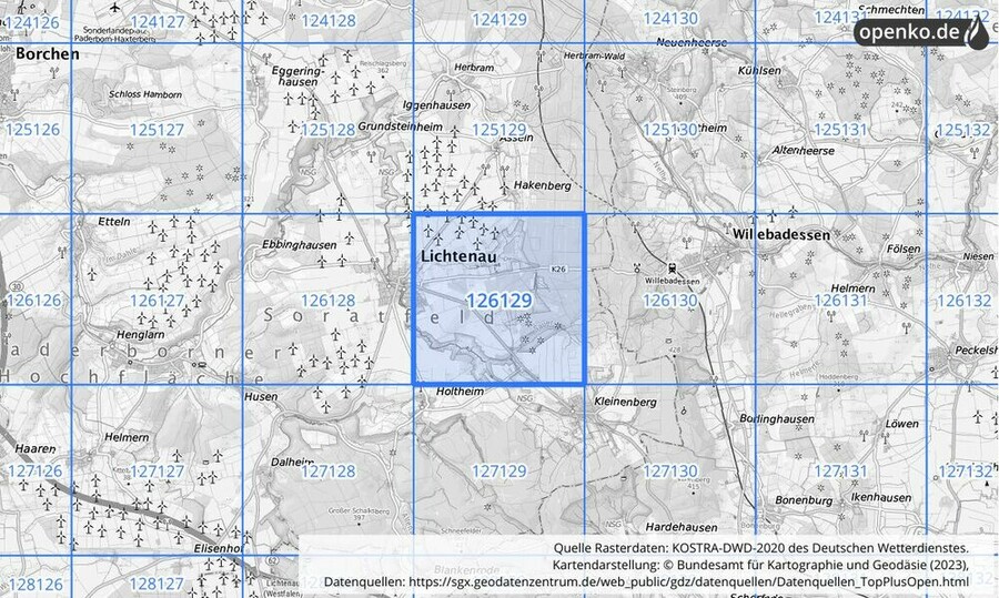 Übersichtskarte des KOSTRA-DWD-2020-Rasterfeldes Nr. 126129