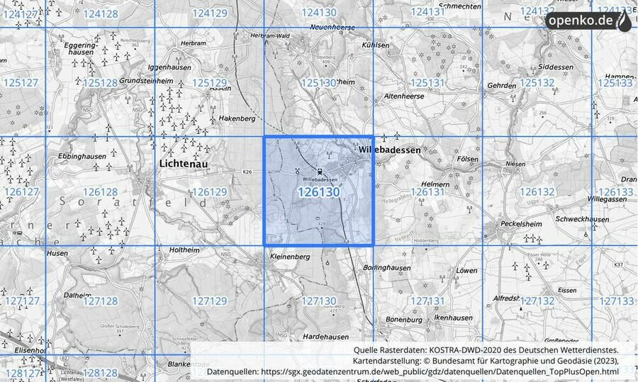 Übersichtskarte des KOSTRA-DWD-2020-Rasterfeldes Nr. 126130