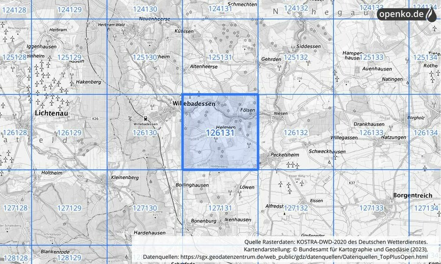 Übersichtskarte des KOSTRA-DWD-2020-Rasterfeldes Nr. 126131