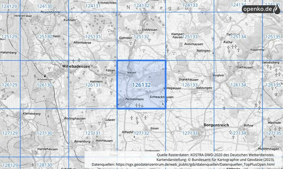 Übersichtskarte des KOSTRA-DWD-2020-Rasterfeldes Nr. 126132