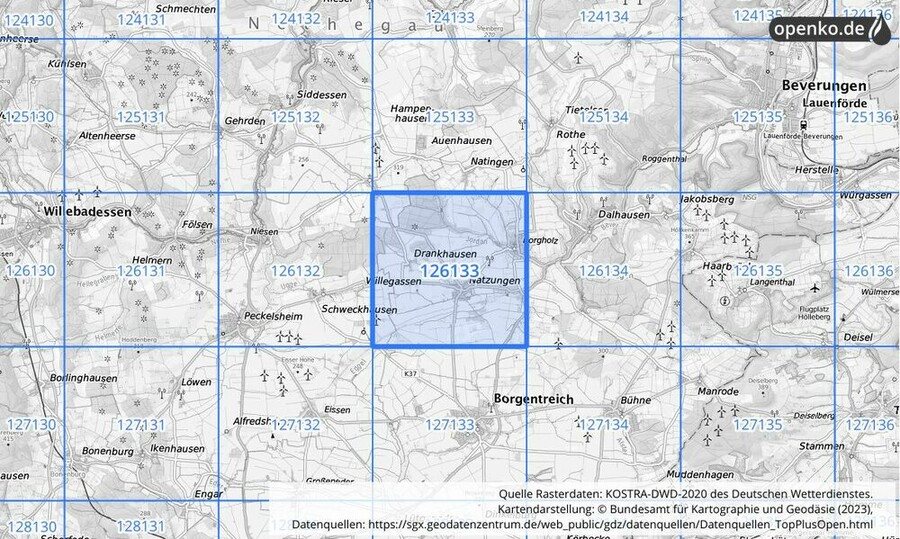 Übersichtskarte des KOSTRA-DWD-2020-Rasterfeldes Nr. 126133