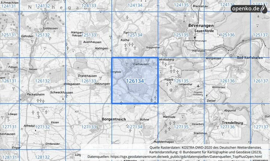 Übersichtskarte des KOSTRA-DWD-2020-Rasterfeldes Nr. 126134