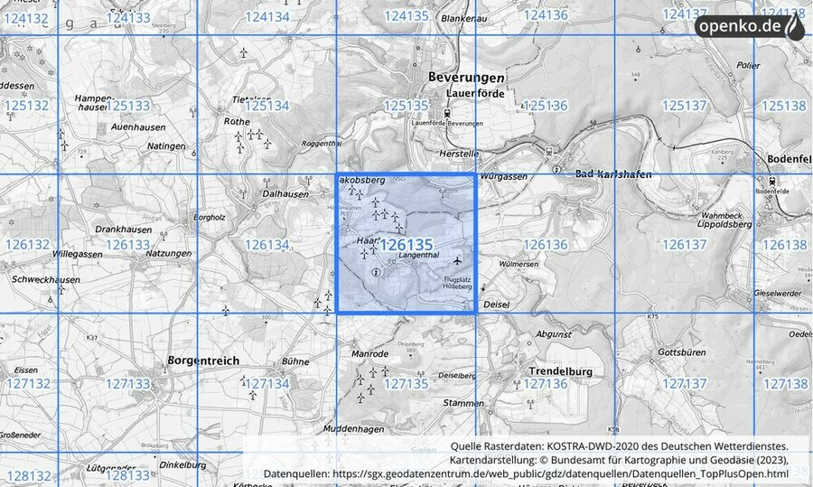 Übersichtskarte des KOSTRA-DWD-2020-Rasterfeldes Nr. 126135