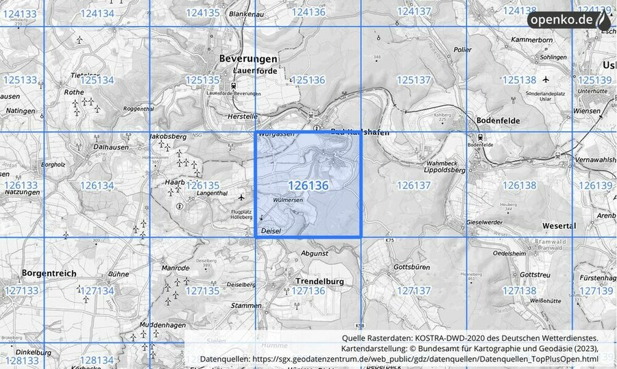 Übersichtskarte des KOSTRA-DWD-2020-Rasterfeldes Nr. 126136