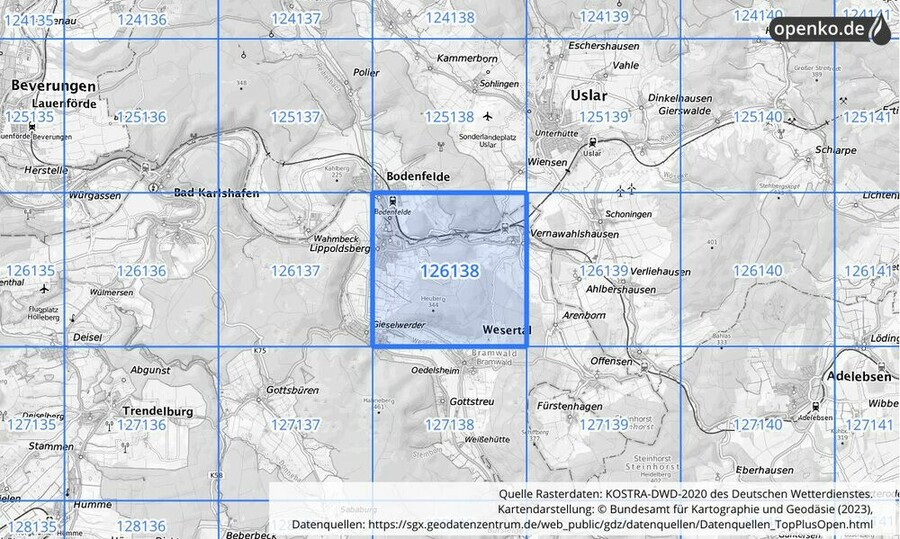 Übersichtskarte des KOSTRA-DWD-2020-Rasterfeldes Nr. 126138