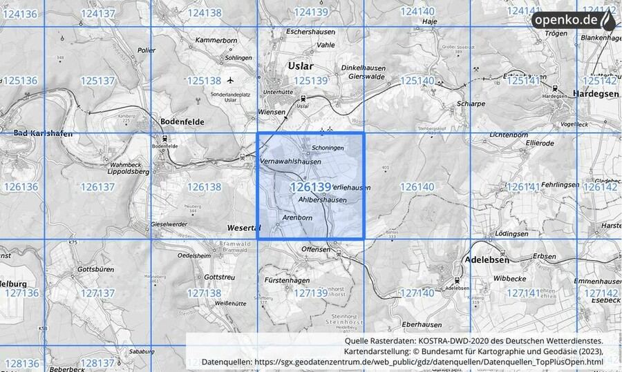 Übersichtskarte des KOSTRA-DWD-2020-Rasterfeldes Nr. 126139