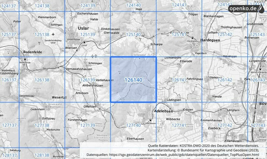 Übersichtskarte des KOSTRA-DWD-2020-Rasterfeldes Nr. 126140