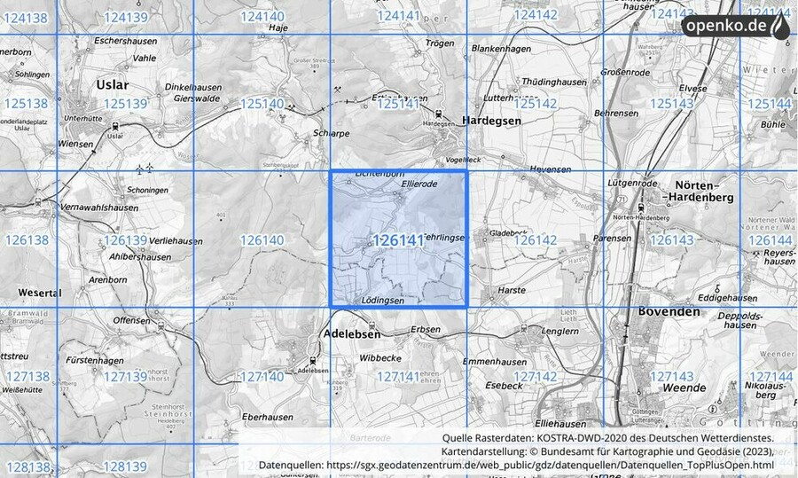 Übersichtskarte des KOSTRA-DWD-2020-Rasterfeldes Nr. 126141