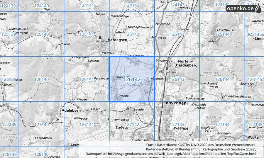 Übersichtskarte des KOSTRA-DWD-2020-Rasterfeldes Nr. 126142