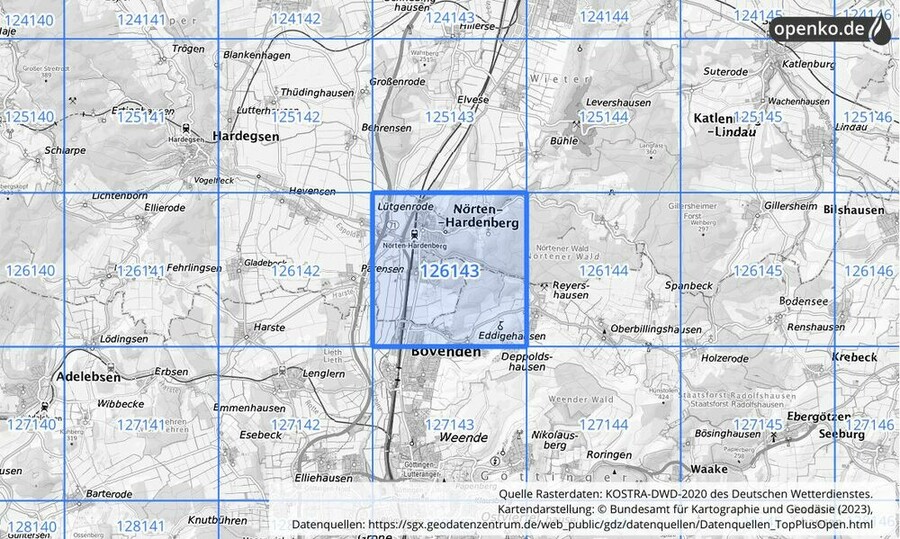 Übersichtskarte des KOSTRA-DWD-2020-Rasterfeldes Nr. 126143