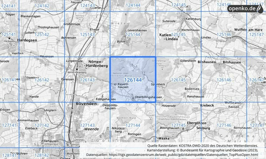 Übersichtskarte des KOSTRA-DWD-2020-Rasterfeldes Nr. 126144