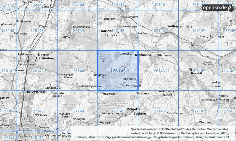 Übersichtskarte des KOSTRA-DWD-2020-Rasterfeldes Nr. 126145