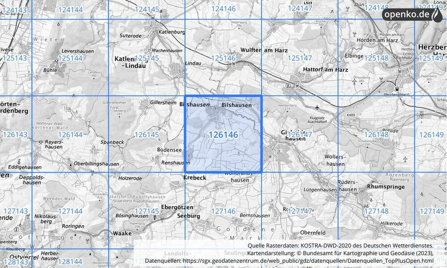 Übersichtskarte des KOSTRA-DWD-2020-Rasterfeldes Nr. 126146